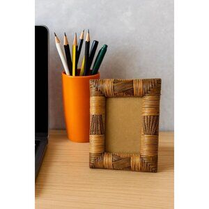 Vintage Cane Wicker Bamboo Picture Frame Bohemian Chic Mid-Century Modern 4 x 6